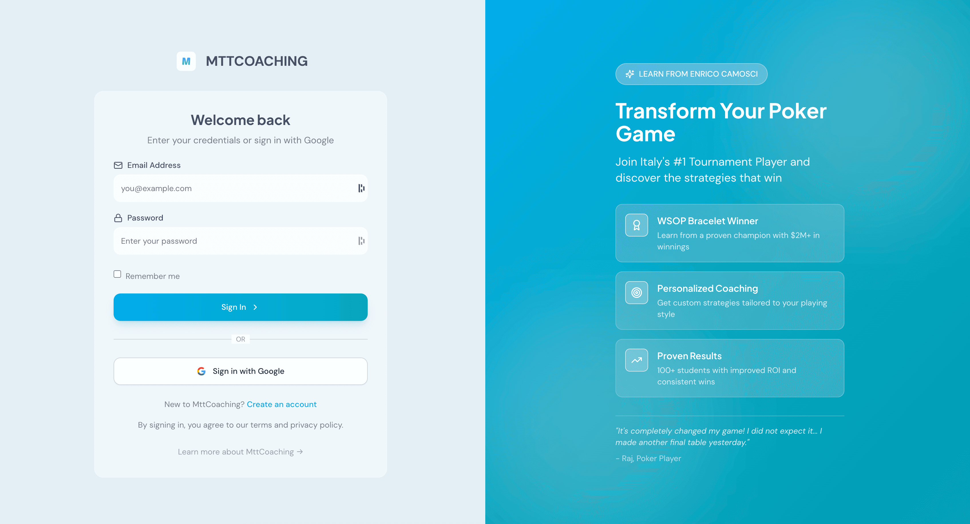 MTTCoaching Login page